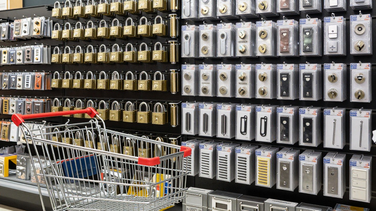 A DIY store aisle with a wall display of small padlocks, cylinders and mailbox hardware in blister packs, an empty shopping trolley in the foreground