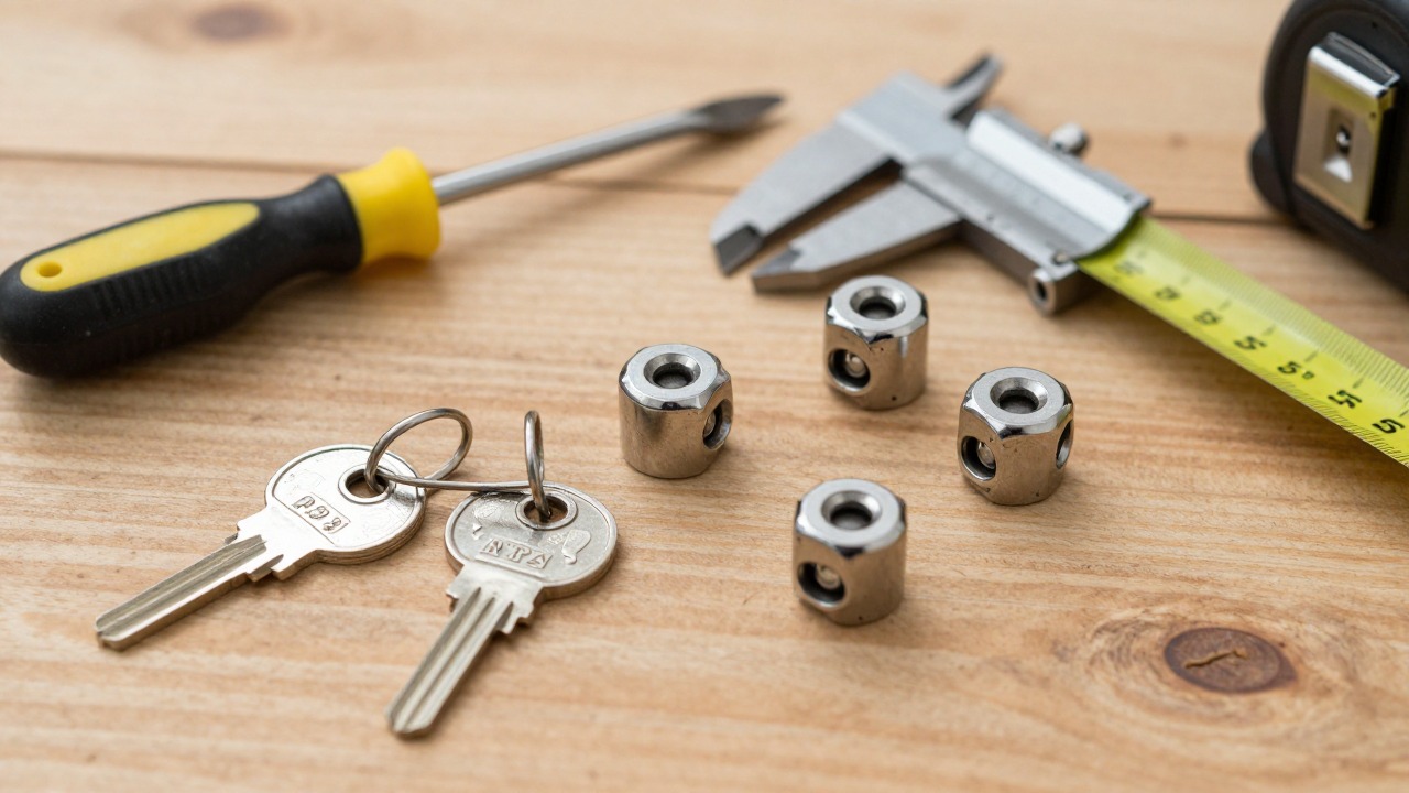 Close-up of several small mailbox lock cylinders and their keys laid out on a wooden workbench next to a screwdriver, a caliper and a tape measure