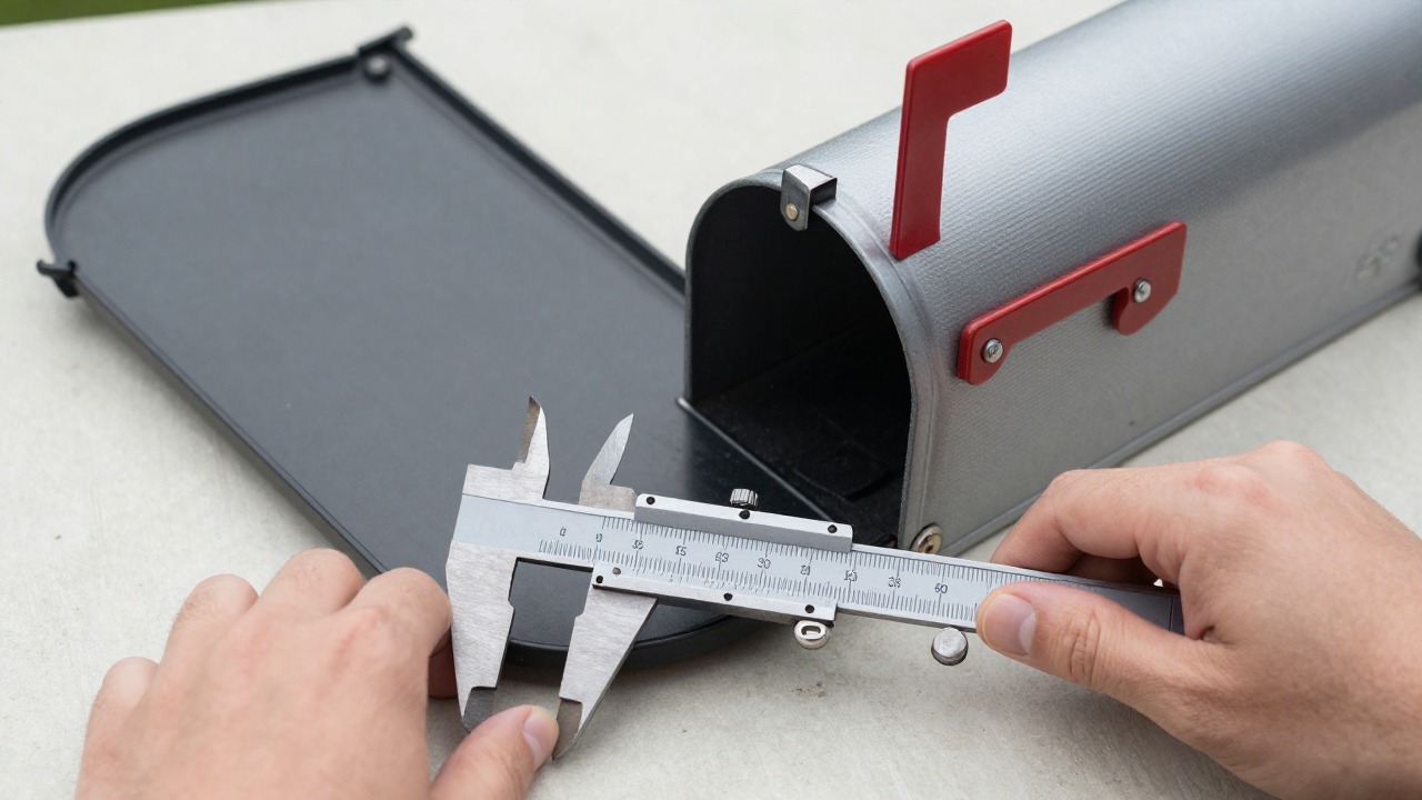Hands measuring the diameter and the barrel length of a mailbox lock with a metal caliper, the detached mailbox door lying flat on a table