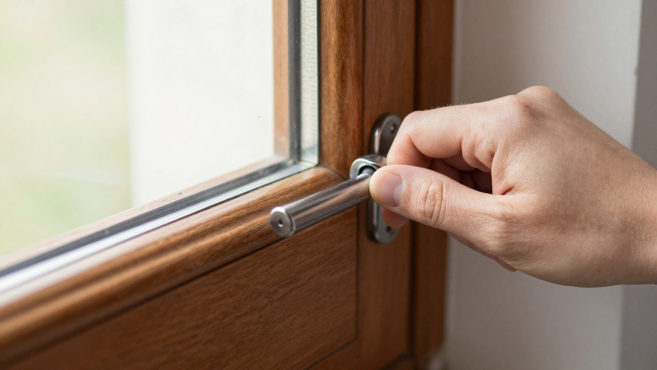 Close-up of a hand turning a window crémone handle with metal rods running along the frame of a wooden window