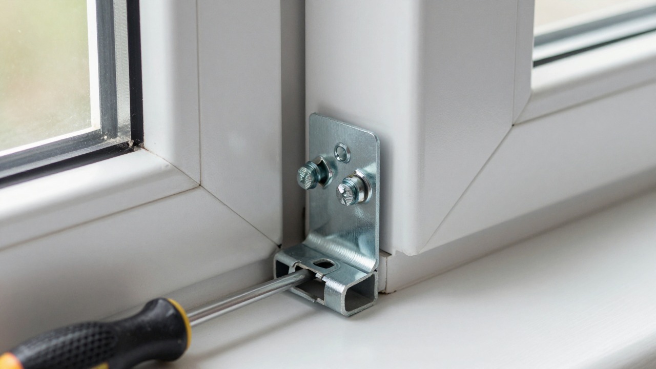Close-up of a metal window restrictor bracket screwed onto a PVC window sash with a screwdriver nearby