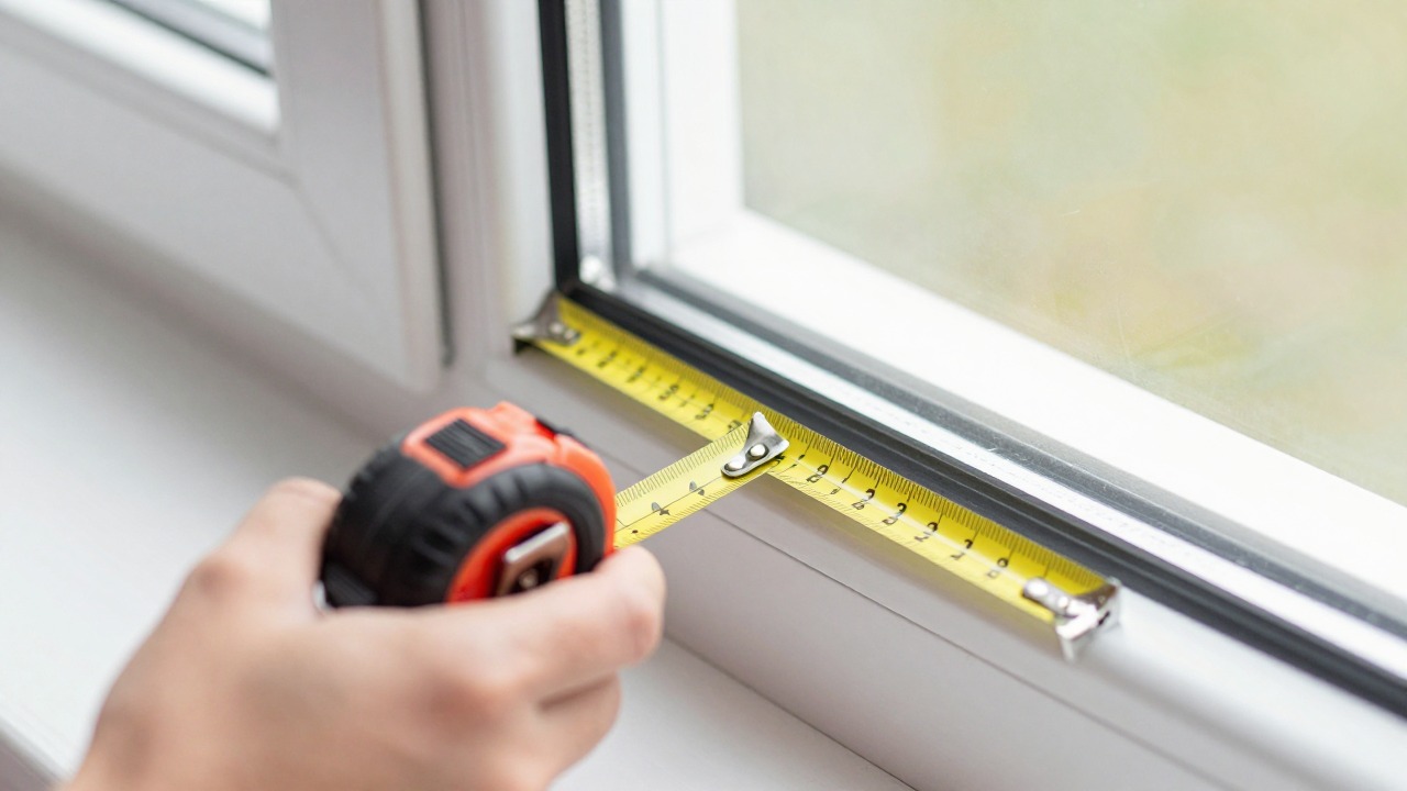 Hand measuring the gap on a white PVC window frame with a tape measure before fitting a window restrictor