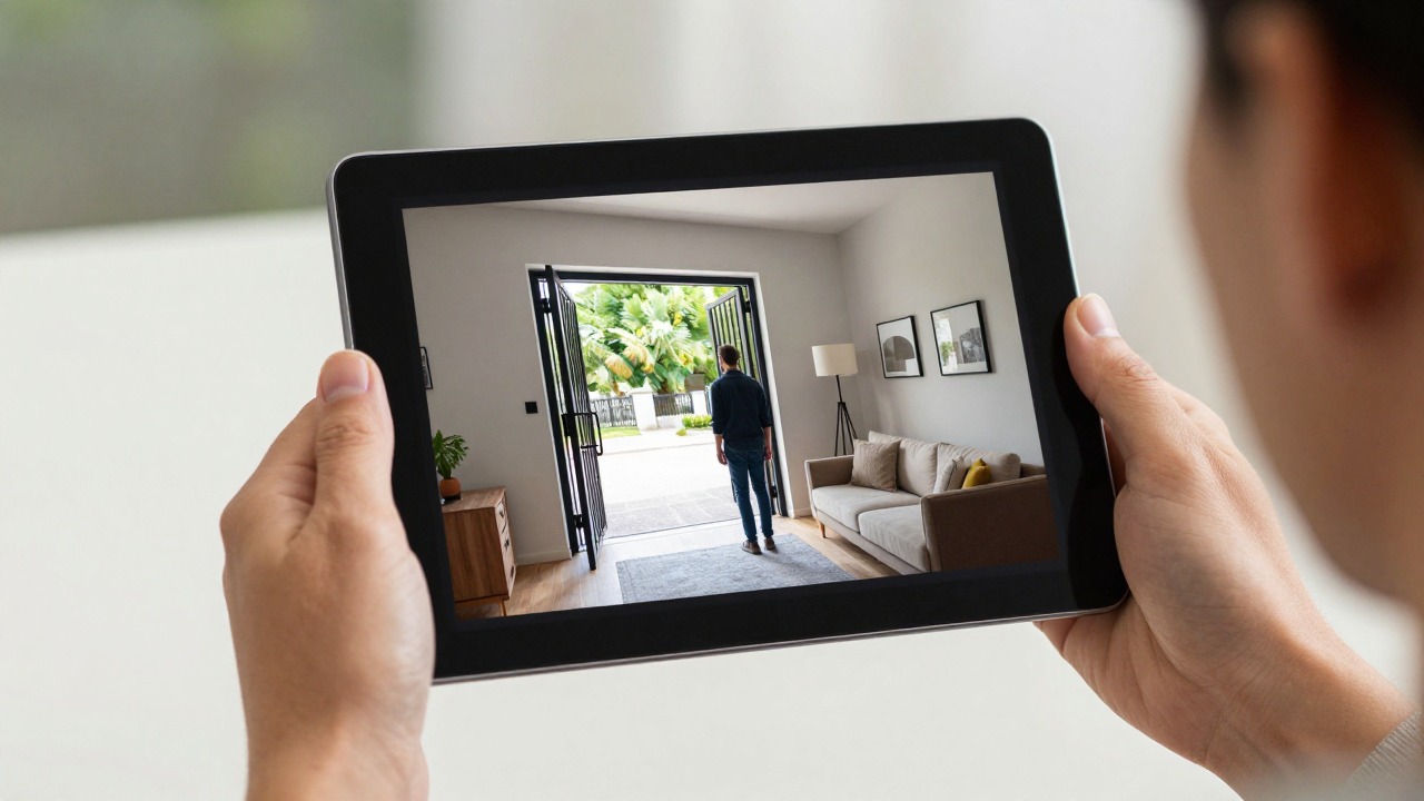 A person holding a tablet-sized indoor intercom monitor screen showing a visitor at the front gate, living room interior