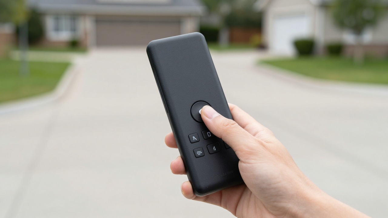 Close-up of a hand pressing the call button of a modern black wireless intercom outdoors on a long driveway with a distant house