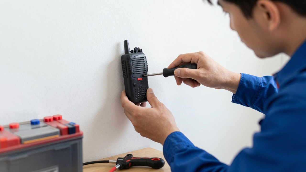 Technician installing a battery-powered intercom receiver on a wall with a screwdriver, tools on a table
