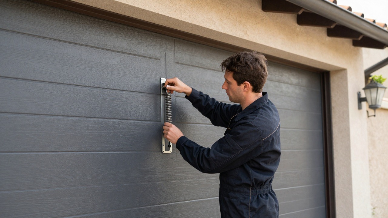 Locksmith in dark work clothes adjusting the torsion spring of a tilting garage door in a residential garage in southern France