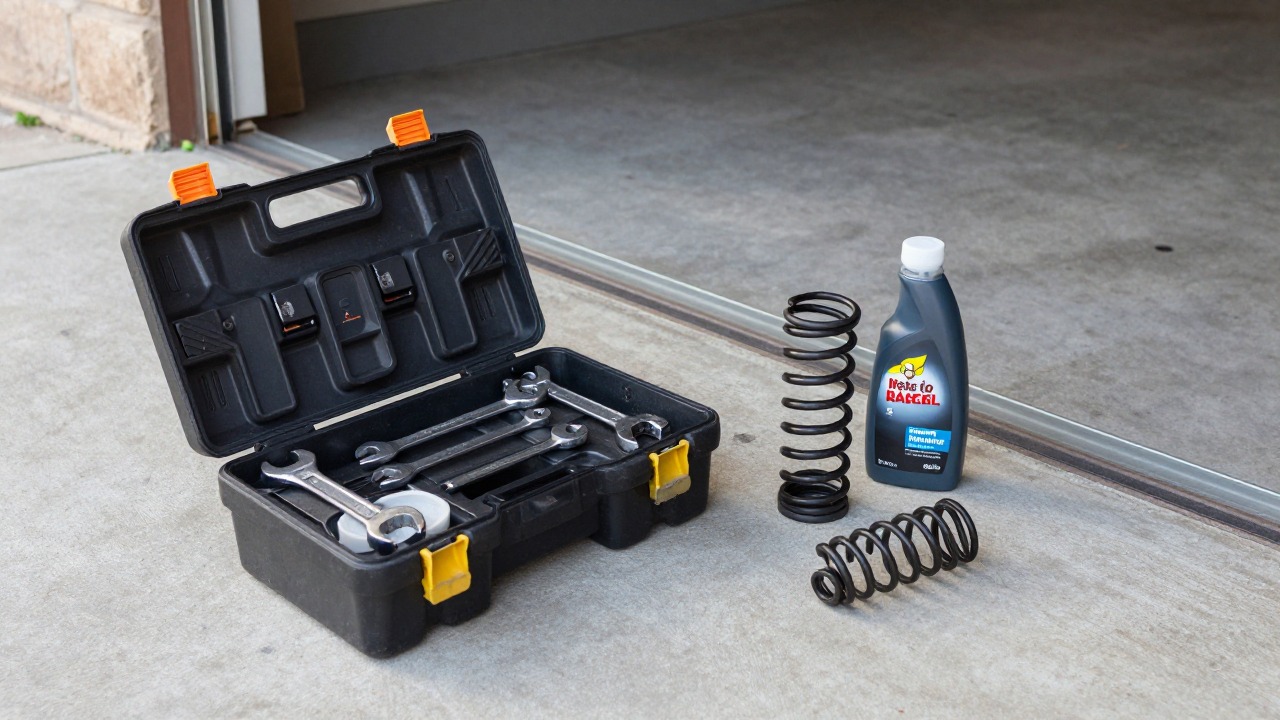Toolbox open on a garage floor with wrenches, lubricant spray and replacement springs beside a tilting door