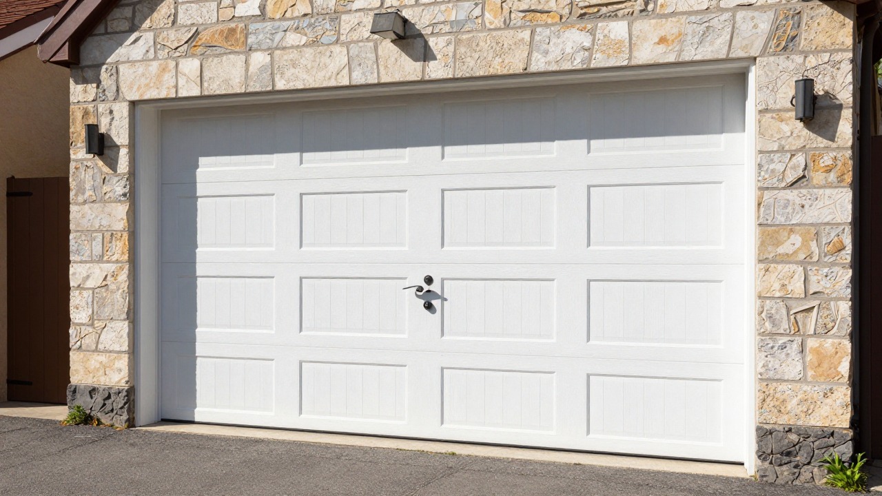 White tilting garage door on a stone house with a lever handle and a keyed lock, sunny street, seen from outside